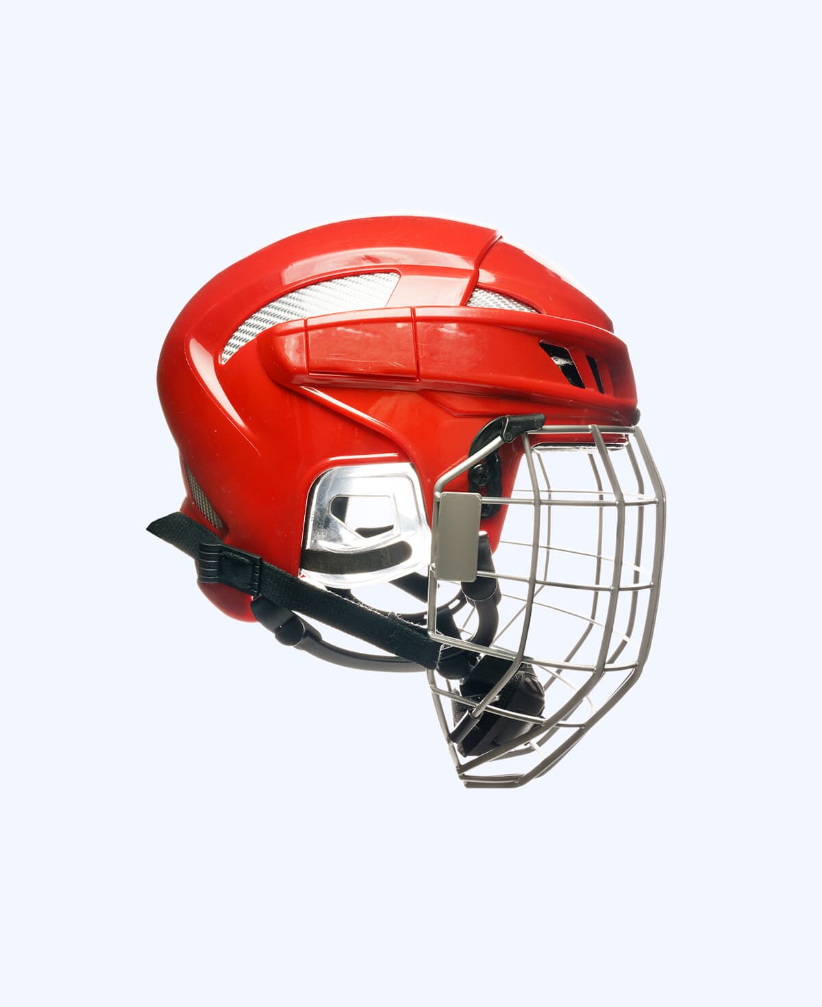 Red hockey helmet with cage